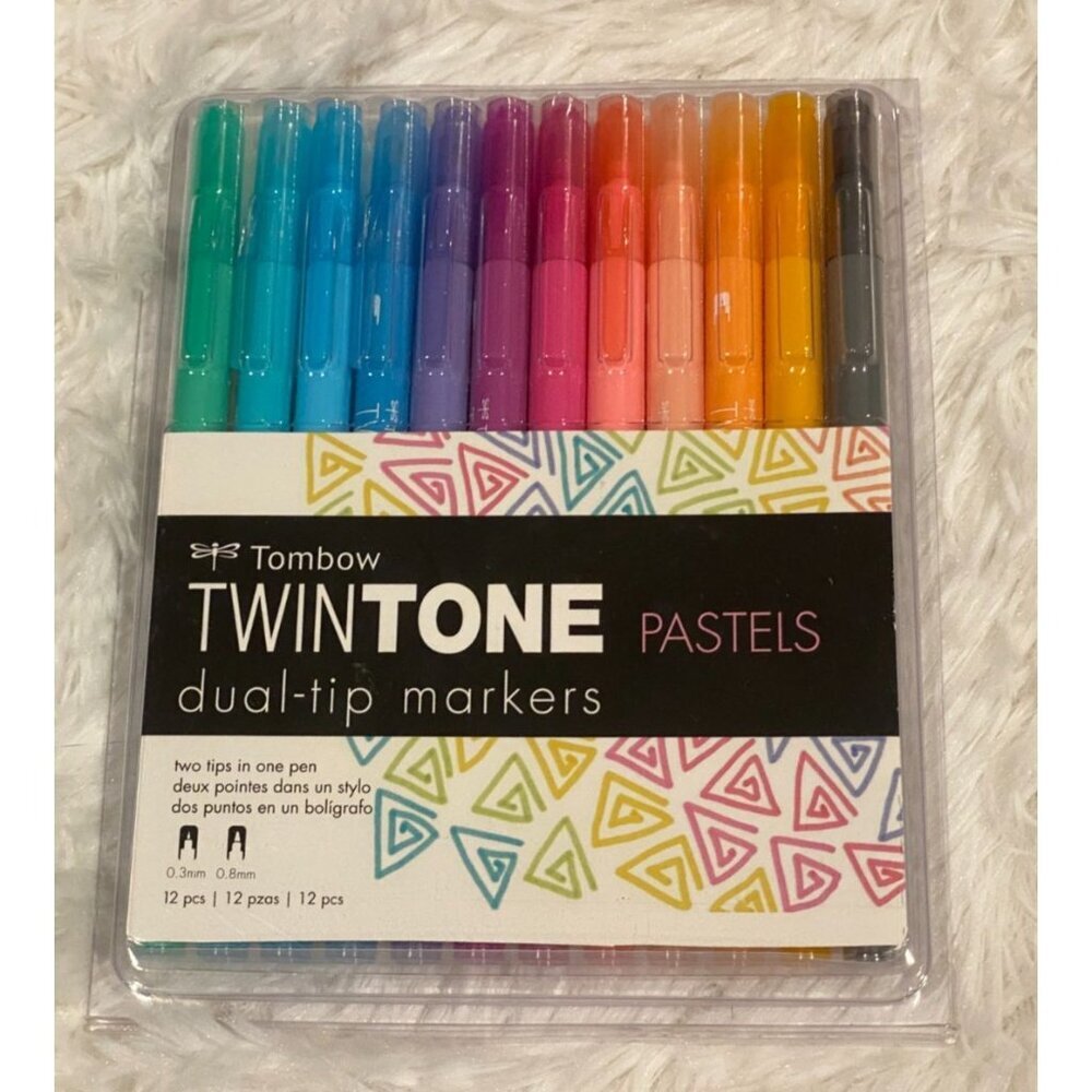 Tombow TWINTONE Dual-Tip Markers PASTELS 61501 Set of 12 pc NEW! 0.3mm 0.8mm